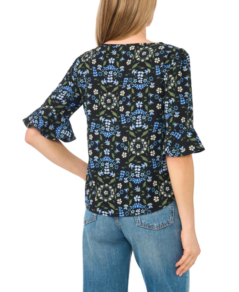 Women's Floral-Print Split-Tie Neck Ruffle-Cuff 3/4-Sleeve Blouse
