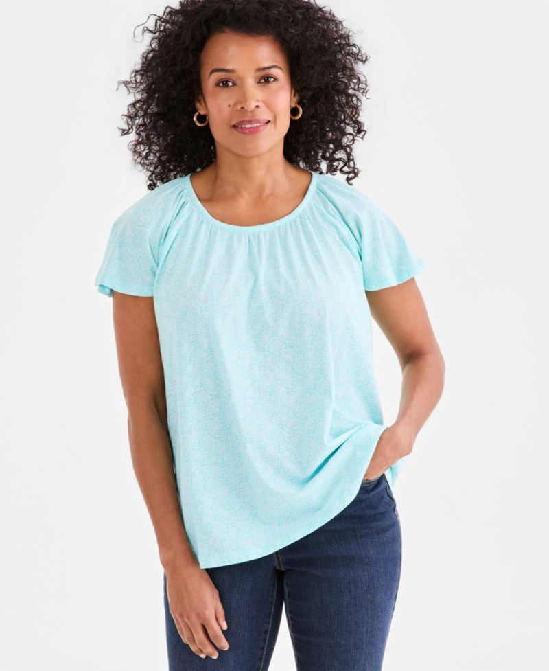 Women's Printed Scoop-Neck Flutter-Sleeve Top