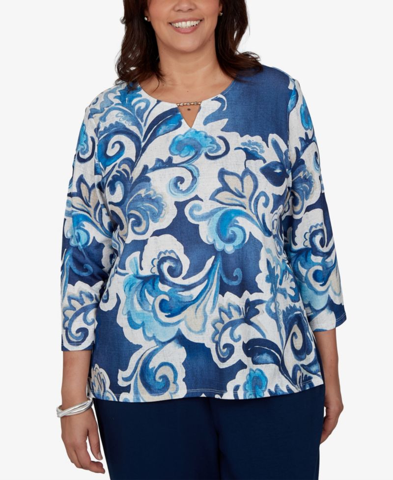 Plus Size Floral-Print 3/4-Sleeve T-Shirt