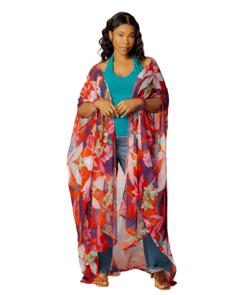 Plus Size Floral Chiffon Kimono Cover-Ups