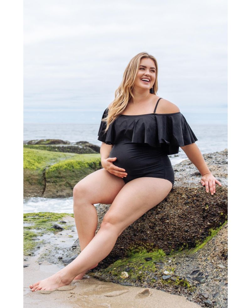Women's Maternity Ruffle Trim Ruched One-Piece Plus Swimsuit