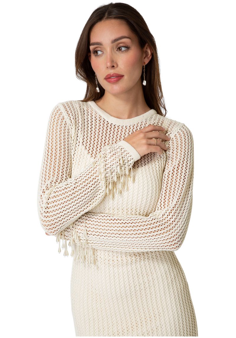Women's Pearl Embellished Crochet Mini Long-Sleeve Dress