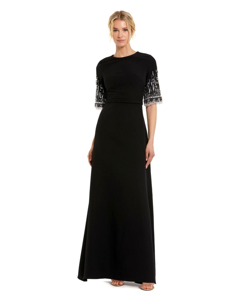 Women's Beaded 3/4 Sleeves Crepe A Line Gown