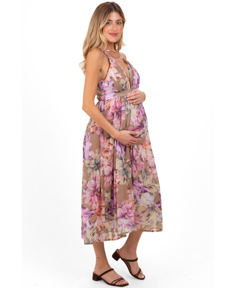 Women's Tan Floral Open Back Midi Dress
