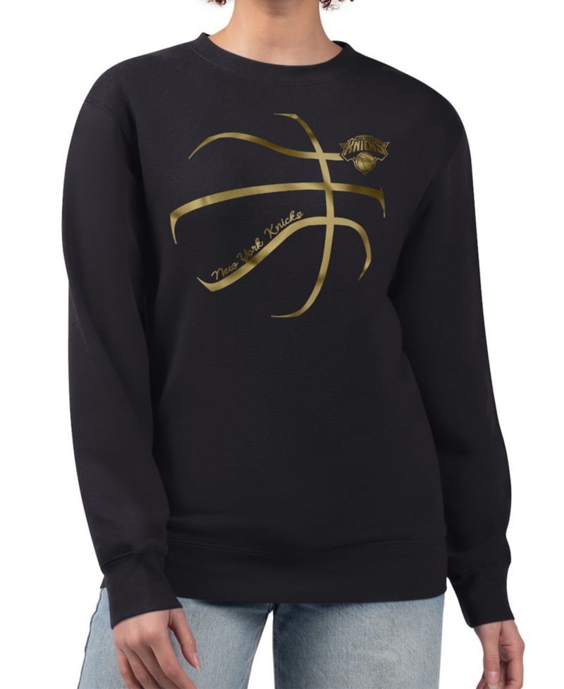 Women's Black New York Knicks Metallic Print Basketball Sketch Fleece Sweatshirt