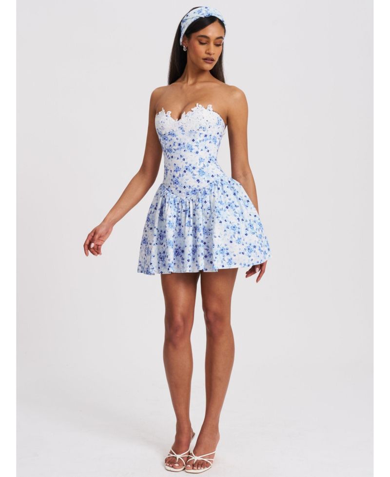 Women's Taleah Blue Floral Print Linen Mini Dress with Lace Trim