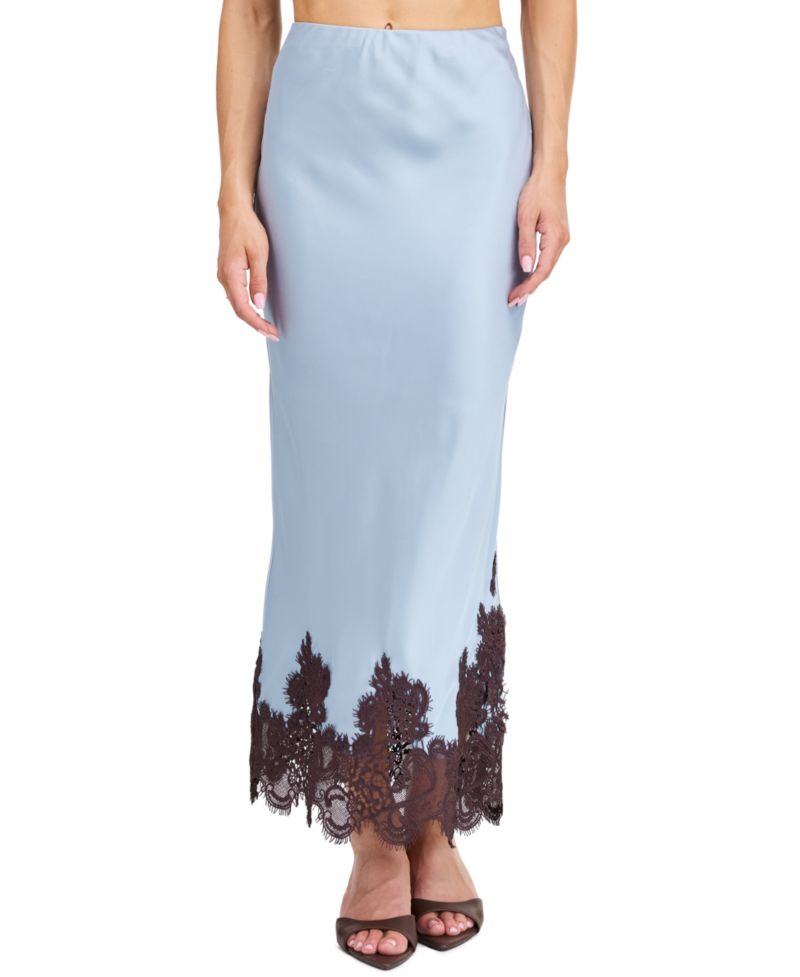 Women's High-Waisted Crepe Satin Maxi Skirt with Lace Trim