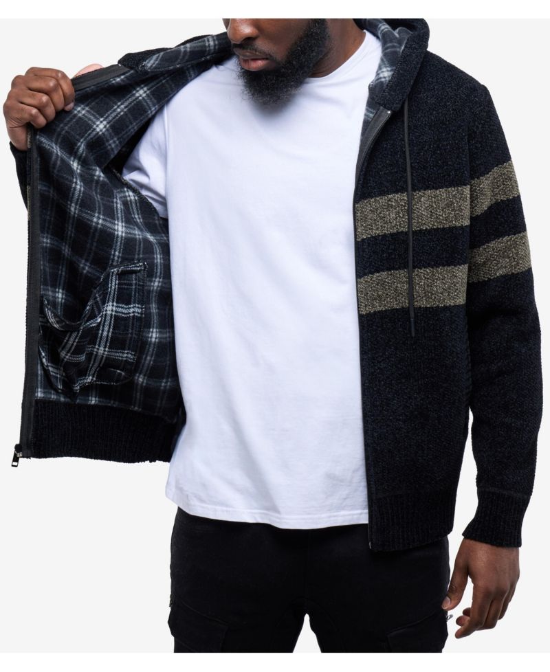 Men's Full Zip Hooded Sweater With Stripes And Flannel Lining