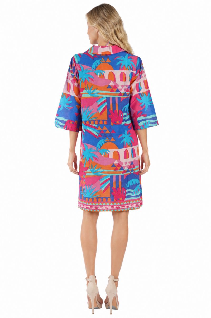 Women's Club Moda Tropical Palm Print Resort Dress - Collared A-Line Vacation Dress with 3/4 Sleeves