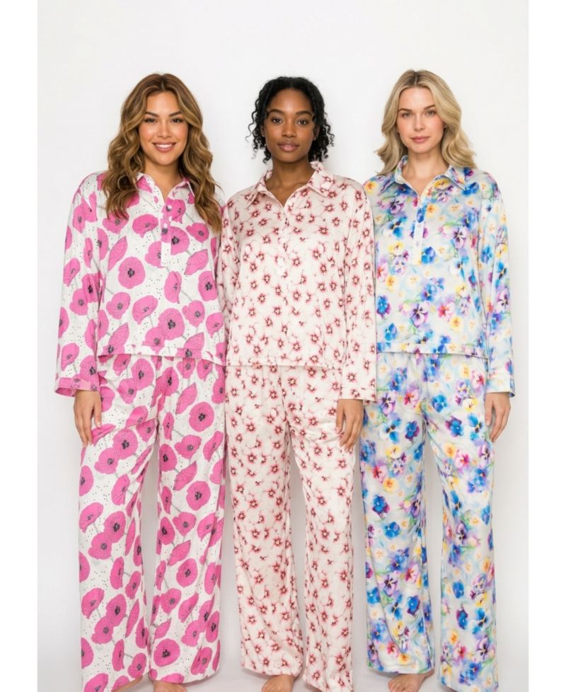 Women's Floral-Print Satin Long-Sleeve Pajama Set