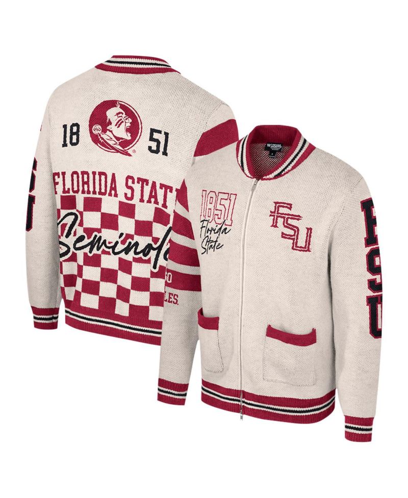 Women's Cream Florida State Seminoles Jacquard Full-Zip Sweater