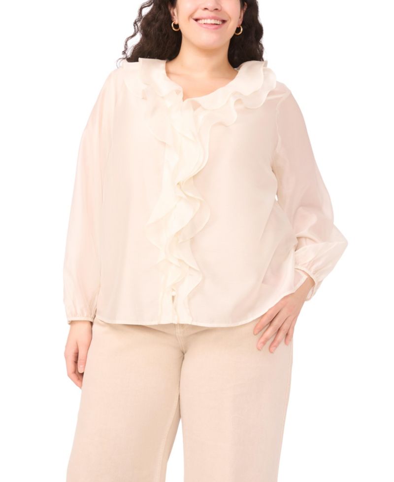 Plus Size Ruffle Front Long-Sleeve Blouse
