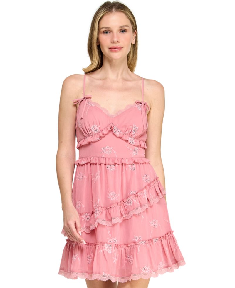 Juniors' Sweetheart Neck Embroidered Short Dress