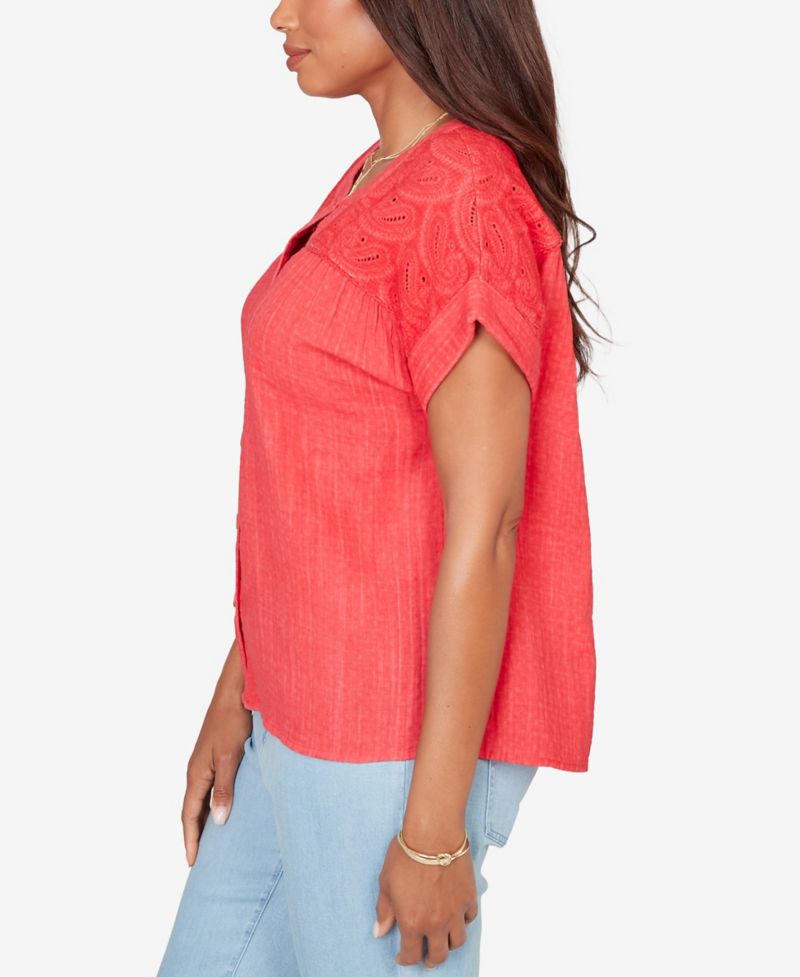 Petite Paisley Embroidered Gauze-Button T-Shirt