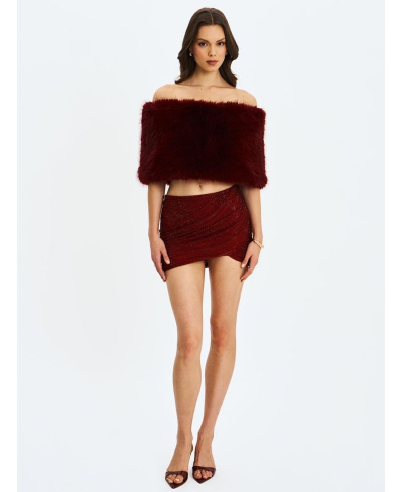 Women's Darleen Crimson Rhinestone Mesh Low Waist Ruched Skirt