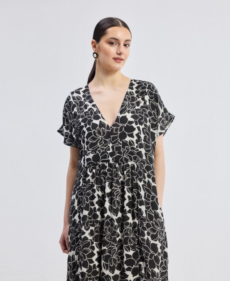 Women's Deep V-neck Maxi Dress with Front Gathers in Black Florals