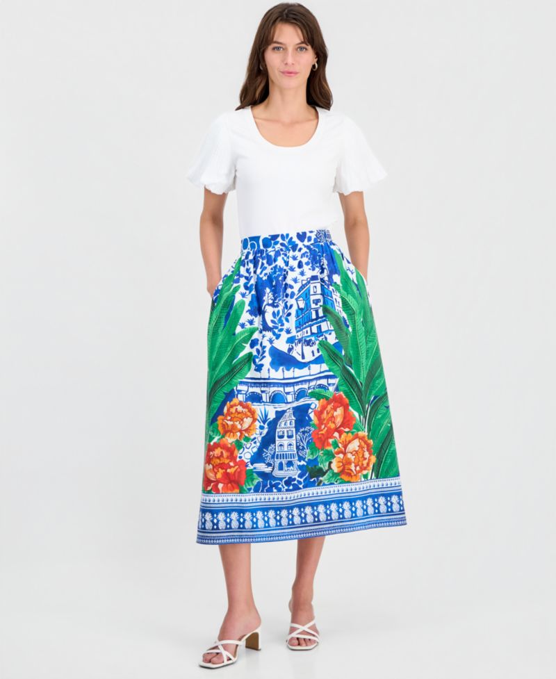 Women's Printed Pull-On Flared Midi Skirt