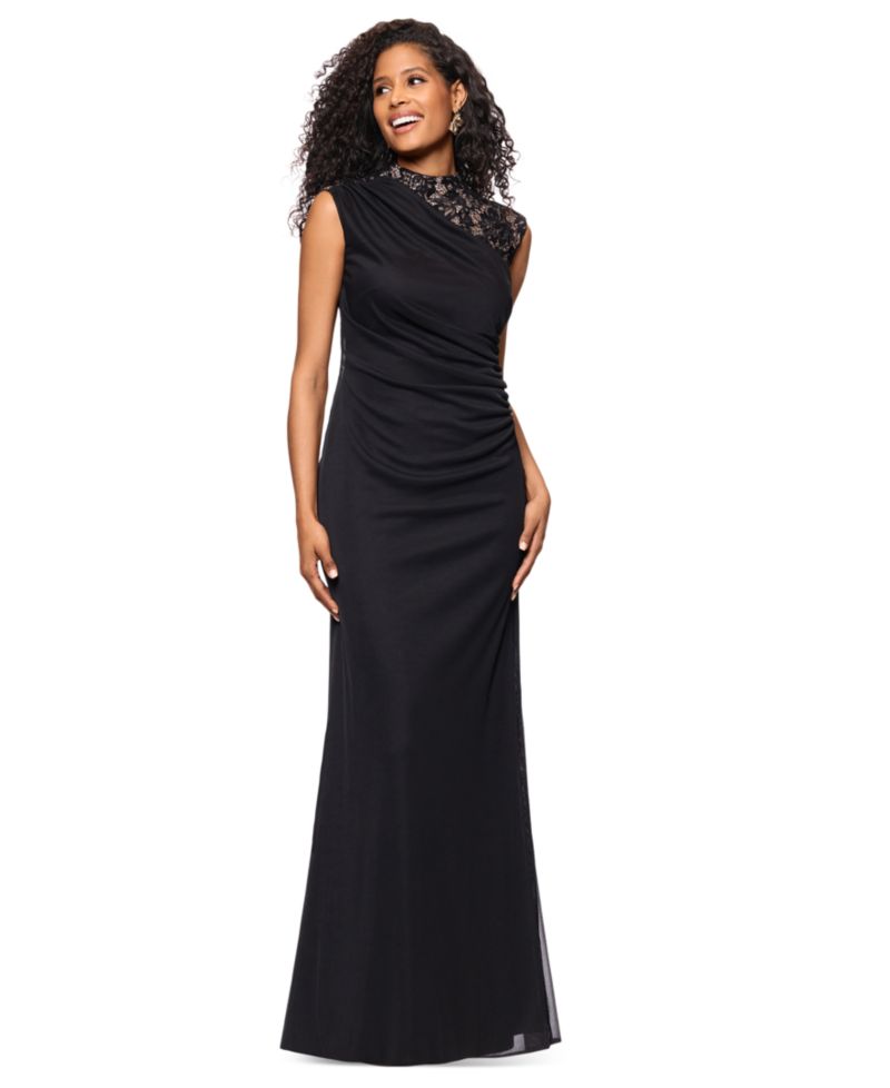 Betsy & Adam Women's Lace-Trim Ruched Jersey Gown