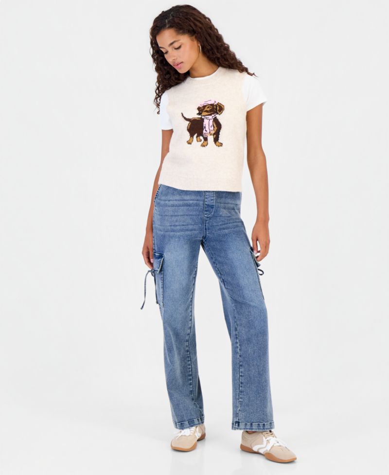 Juniors' Wide-Leg Cargo Drawstring-Waist Jeans
