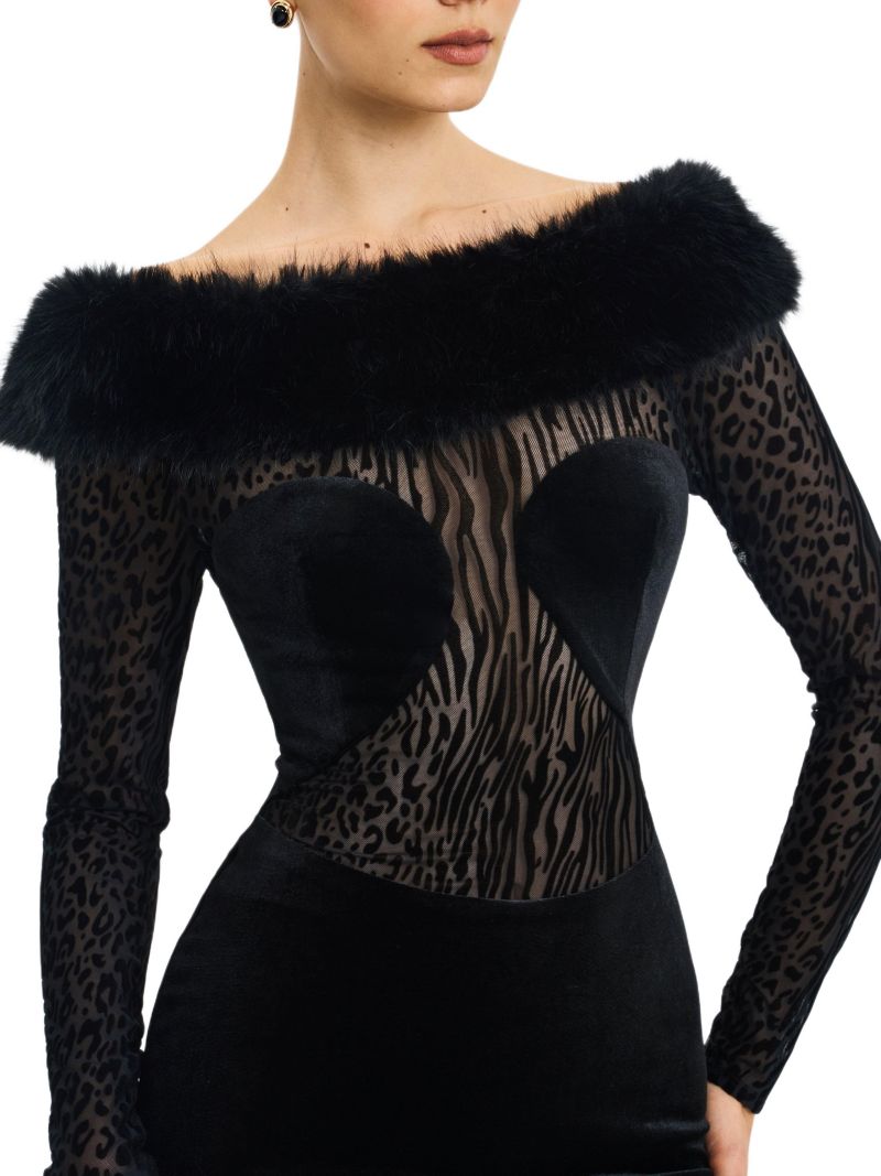 Women's Alexis Black Animal Print Faux Fur Boatneck Maxi Dress