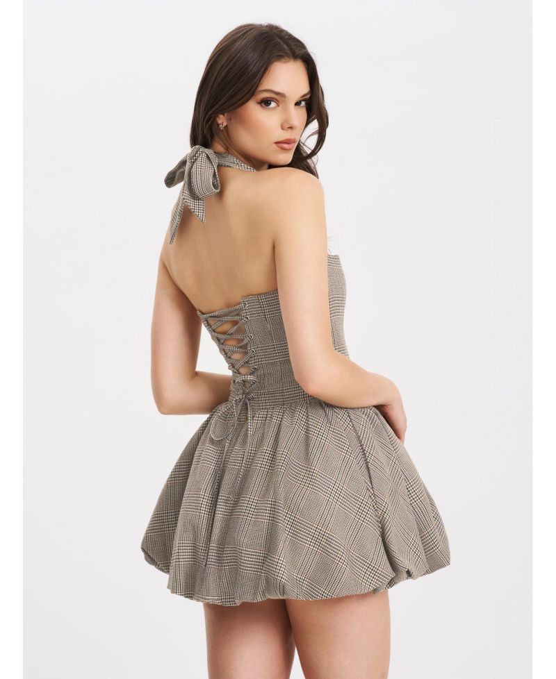 Women's Dacia Plaid Halter Lace-up Bubble Mini Dress