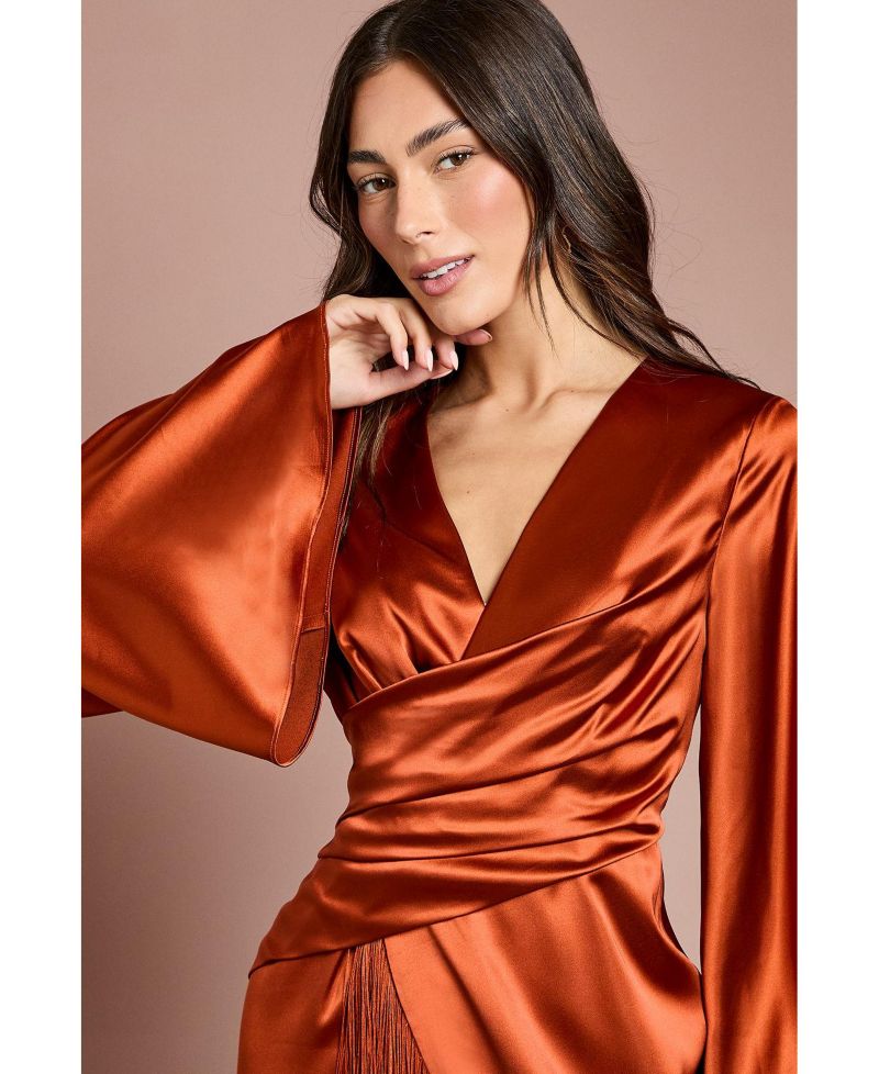 Women's Satin Fringe Hem Wrap Midi Dress