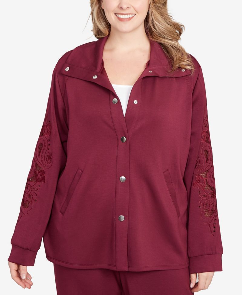 Plus Size Embroidered Floral Cutout Snap Jacket