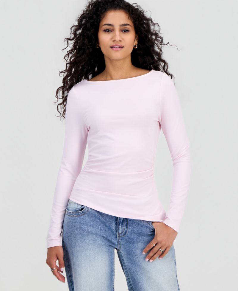 Juniors' Ruched Boat Neck Long Sleeve Top