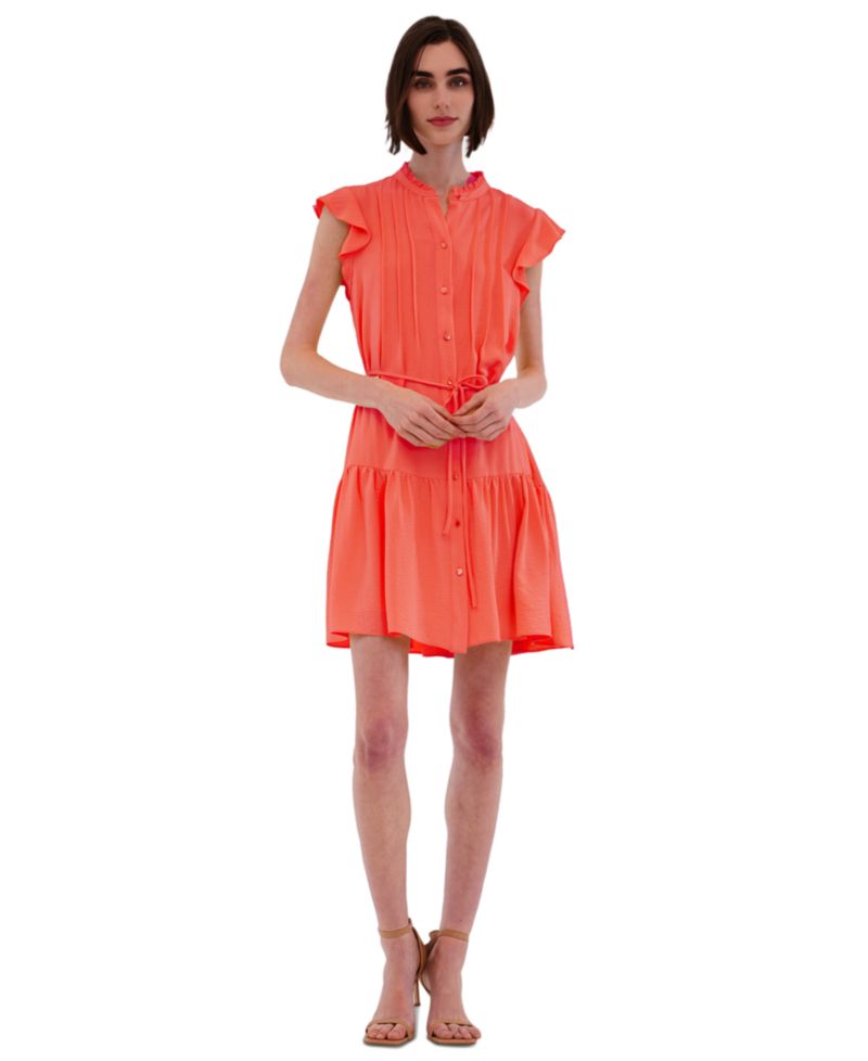 Women's High-Neck Tie-Wast Tiered Shirt Dress
