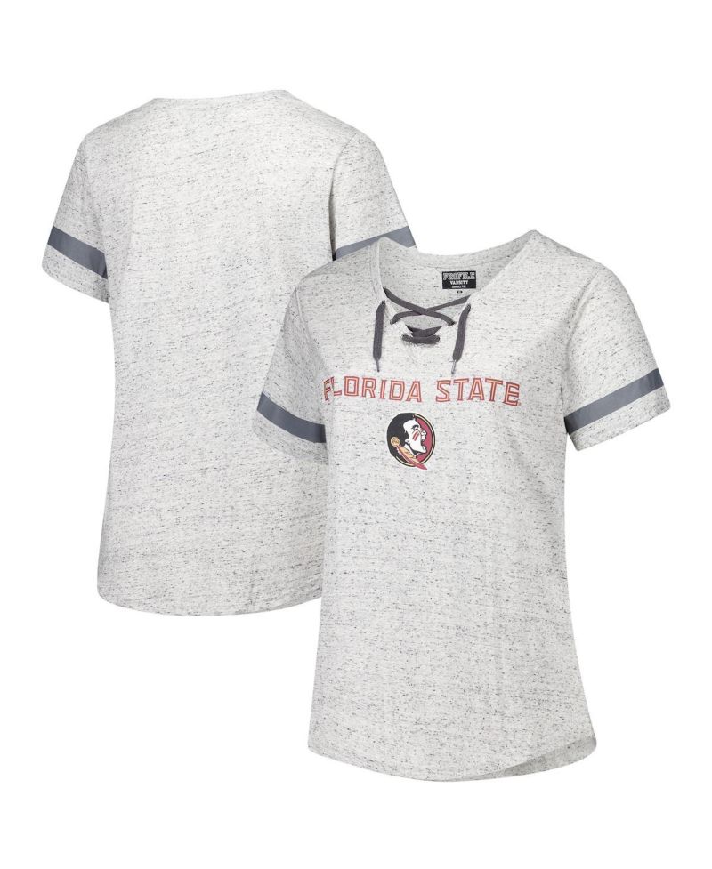 Women's Heather Gray Florida State Seminoles Plus Size Lace-Up V-Neck T-Shirt
