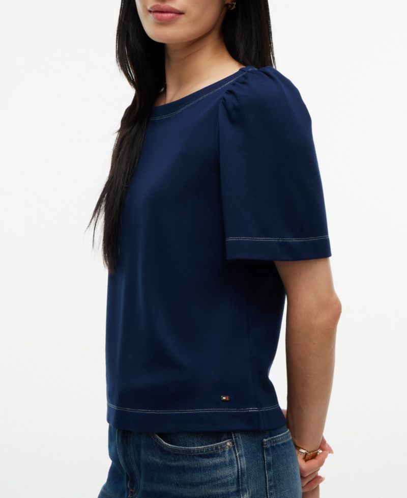 Women's Boat Neck Short-Sleeve Topstitch T-Shirt