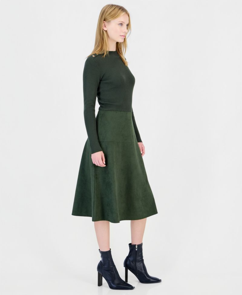 Women's Mock Neck Long-Sleeve Faux Suede Skirt Dress