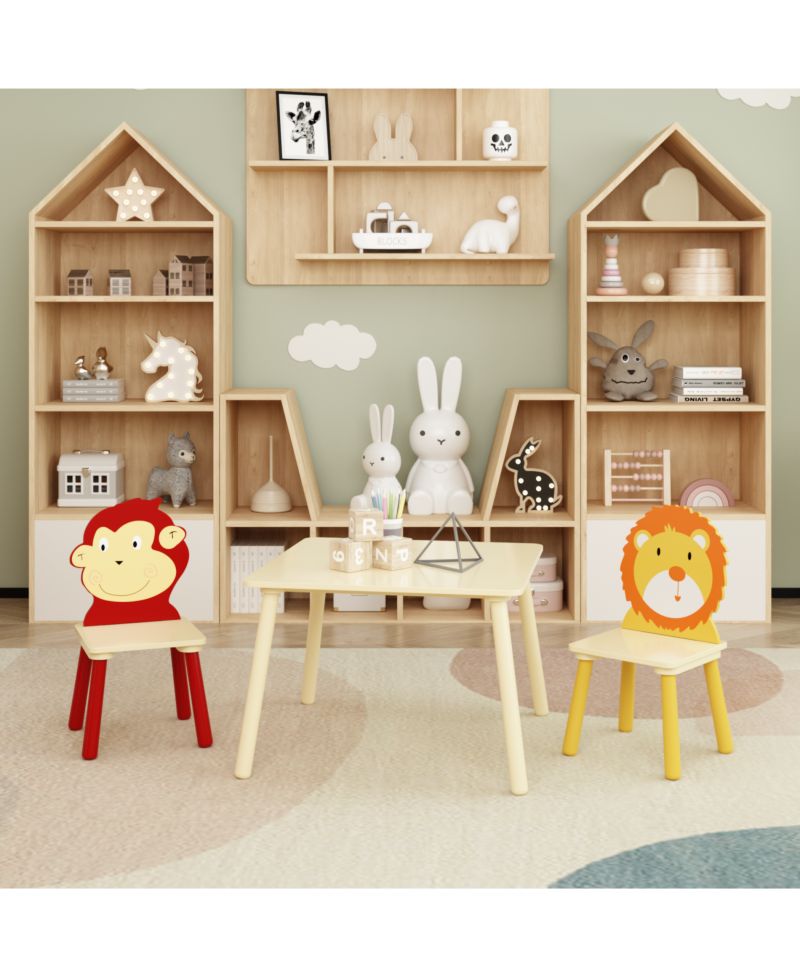 3 Piece Wood Table and Chair Set, w/ 2 LionandMonkey Animals Chairs, Wood Activity Tables Drawing Play Table Set, for Age 2-6 Boy Girl