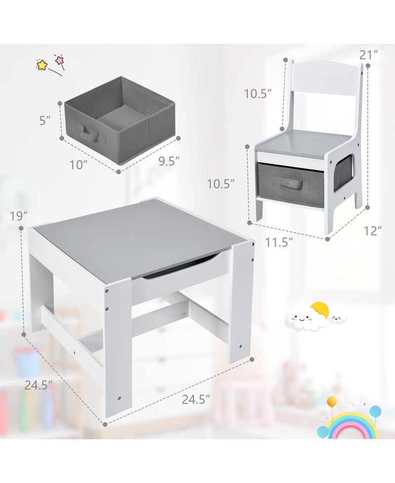 Kids Table Chairs Set with Storage Boxes Blackboard Whiteboard Drawing