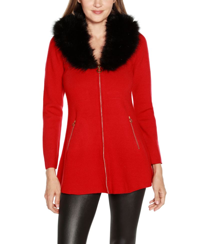 Women's Black Label Faux Fur Collar Cardigan Sweater