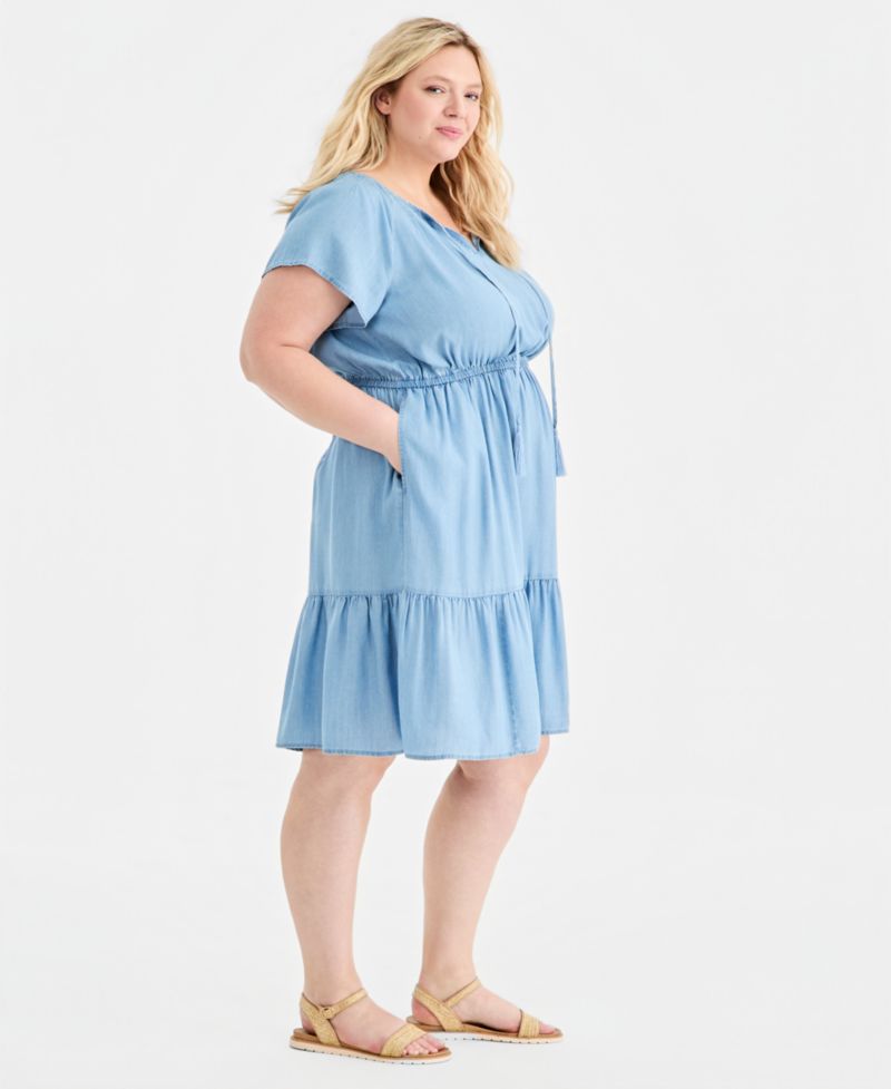 Plus Size Chambray Tiered Midi Dress
