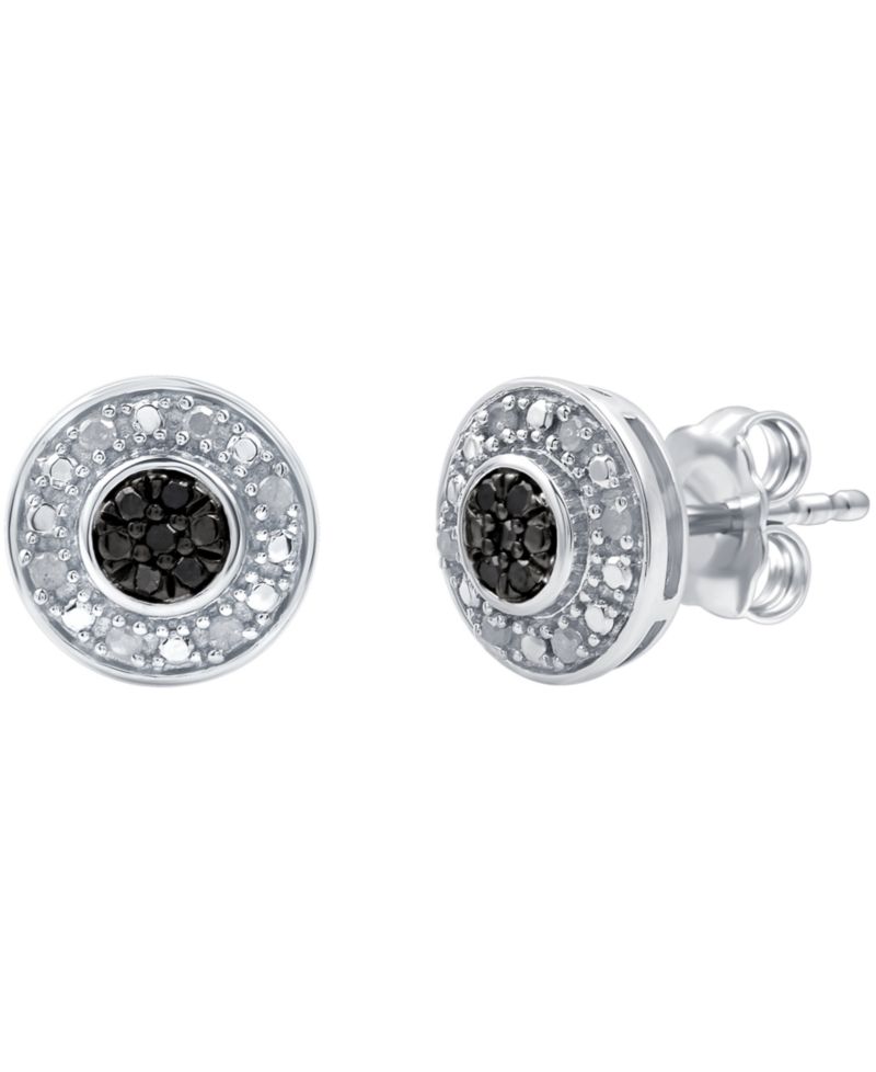 Black Diamond (1/20 ct. t.w.) & White Diamond (1/10 ct. t.w.) Halo Cluster Stud Earrings in Sterling Silver