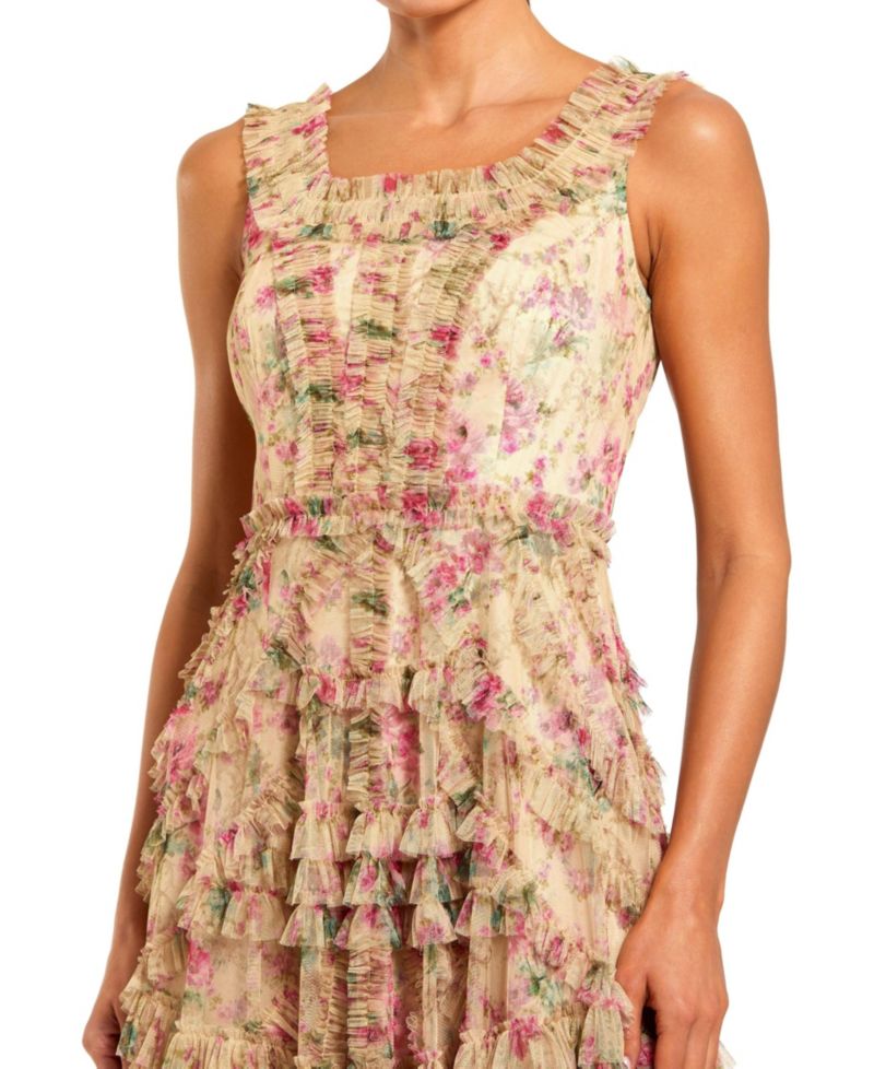 Women's Floral Printed Sleeveless Ruffle Midi Dress