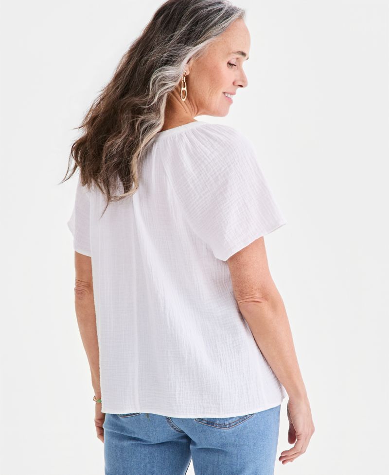 Petite Cotton Gauze Flutter-Sleeve Top