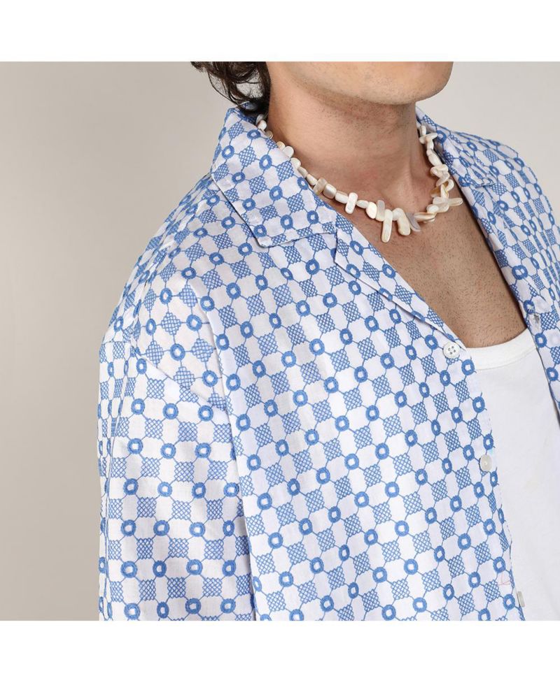 Men's Chalk White & Prussian Blue Embroidered Checkered Shirt