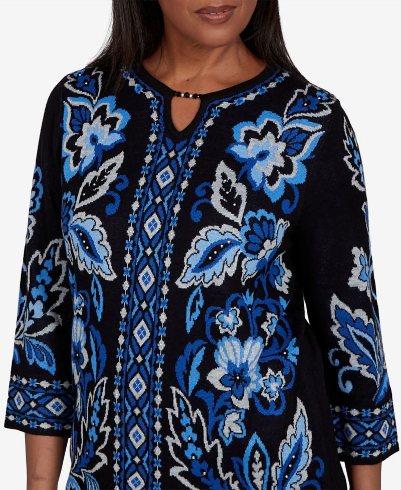 Women's 3/4-Sleeve Keyhole-Neck Floral-Print Pullover