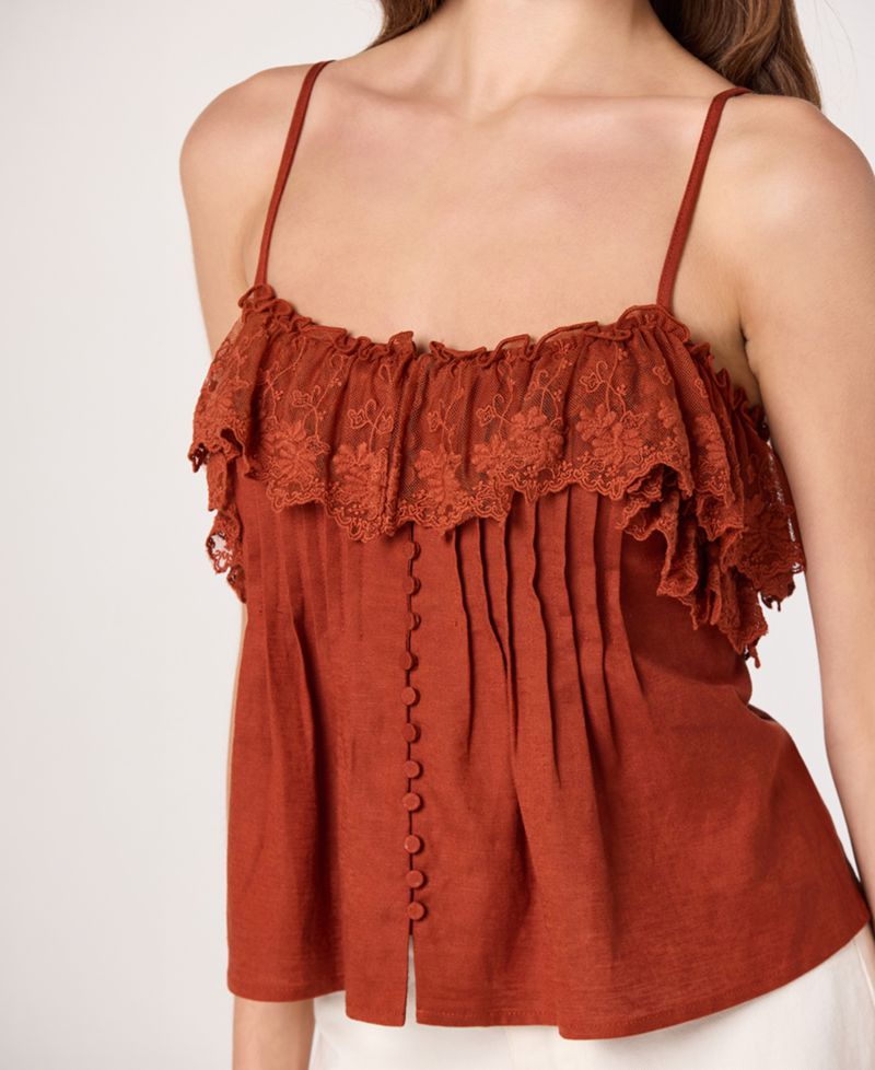 Women's Ruffled Lace Trim Straight Neck Tank Top