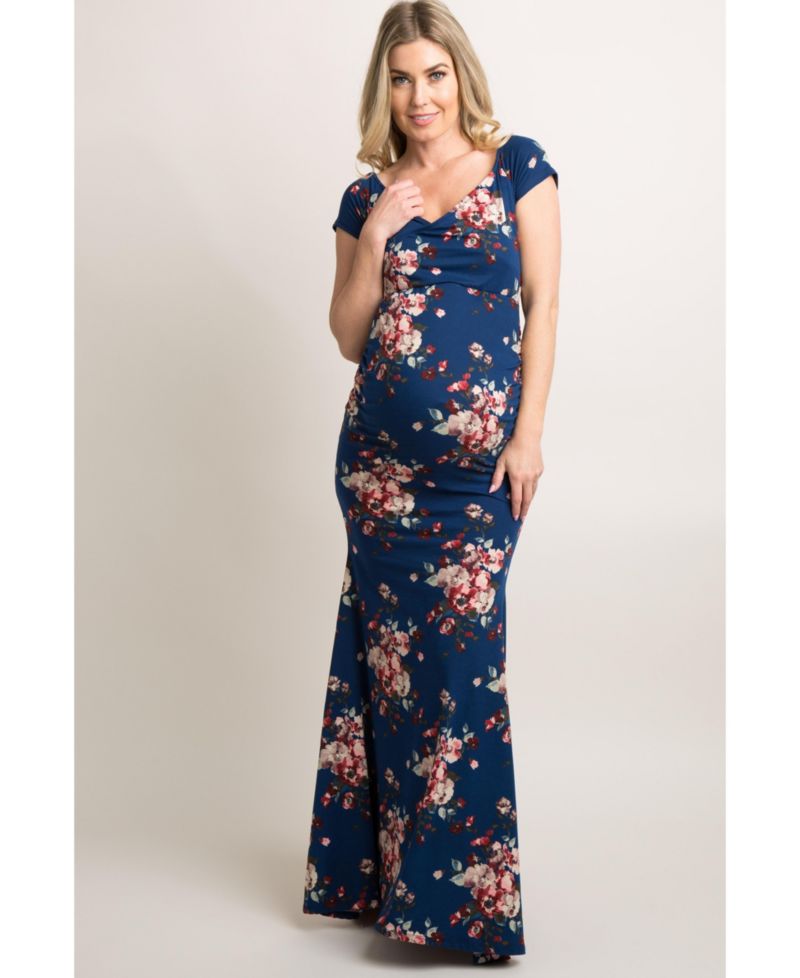 Women's Navy Floral Off Shoulder Wrap Photoshoot Gown/Dress