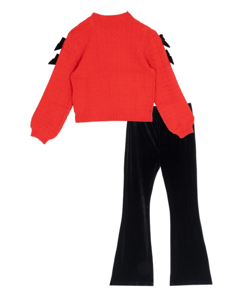 Girls' 7-12 Velvet Bow Balloon-Sleeve Flare Sweater and Pants, 2-Piece Set