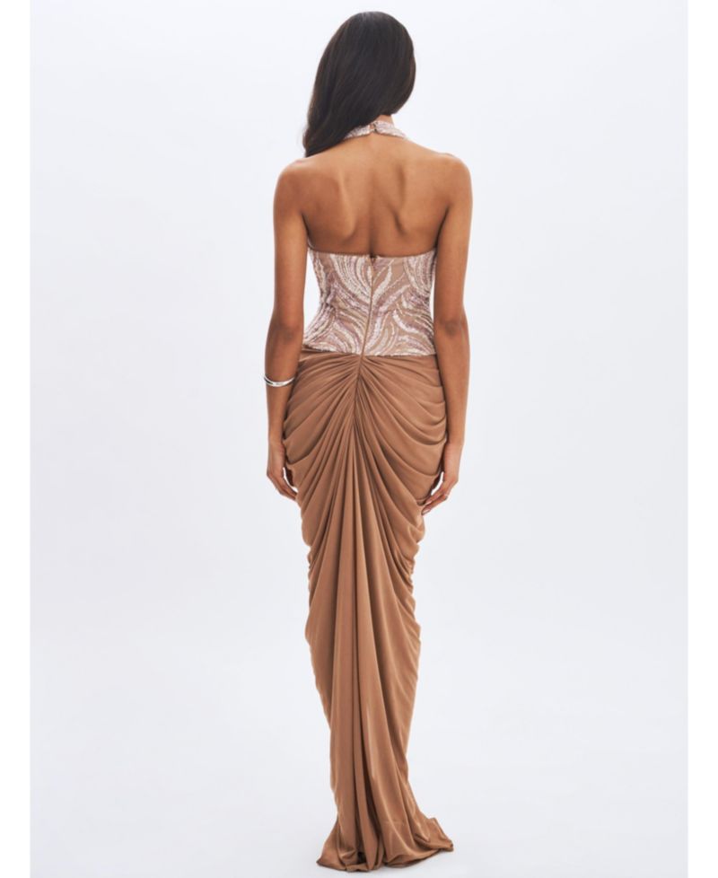 Women's Nancie Apricot Beaded Halter Peplum Pleated Maxi Dress