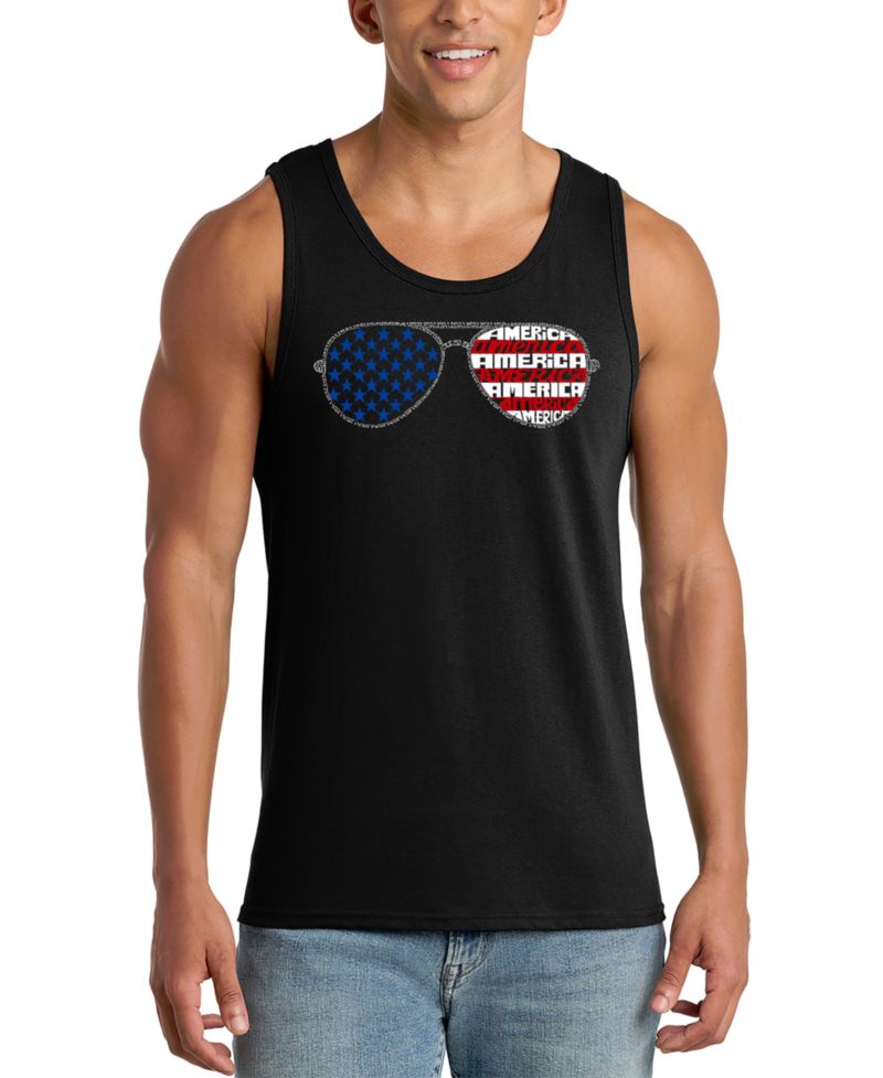 Men's American Flag Sunglasses Patriotic Word Art Graphic Tank Top