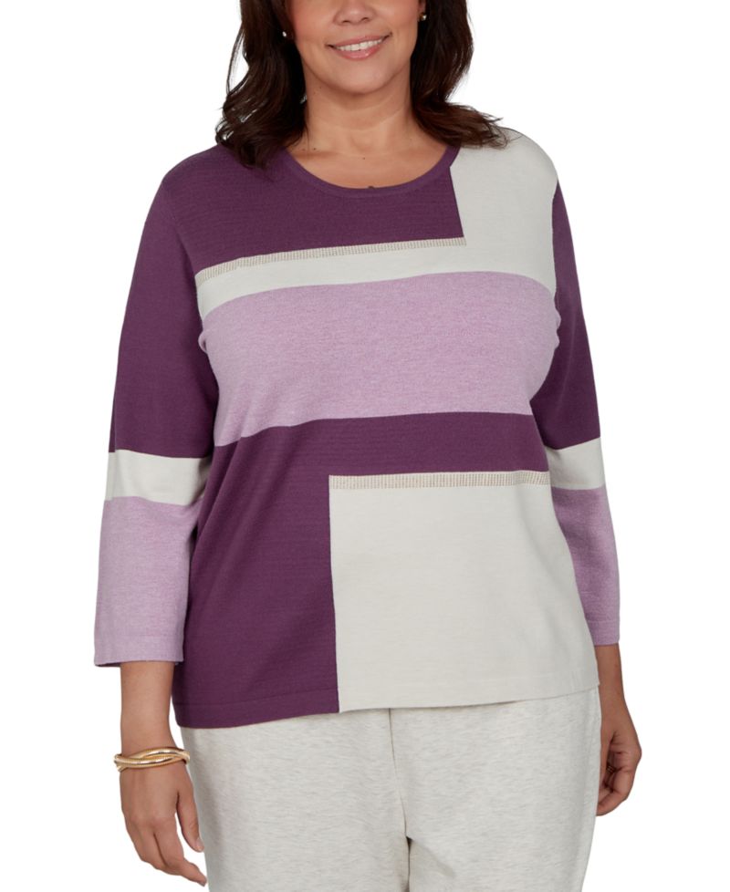 Plus Size 3/4-Length-Sleeve Colorblock Sweater