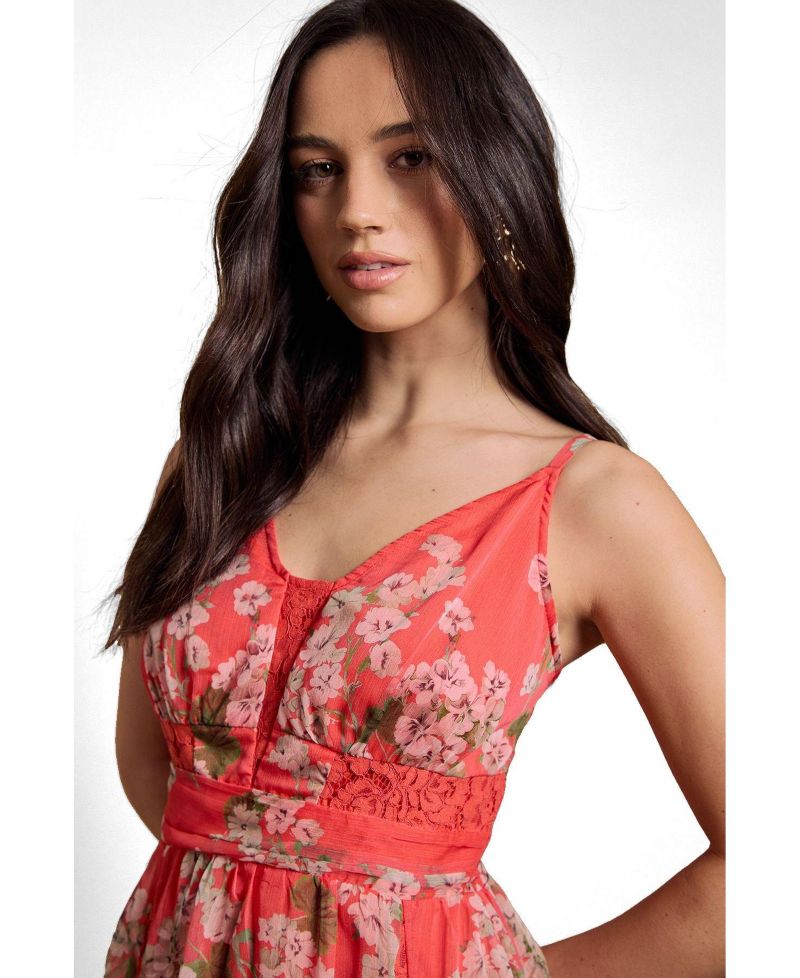 Women's Floral-Print Pleated Lace Maxi Dress