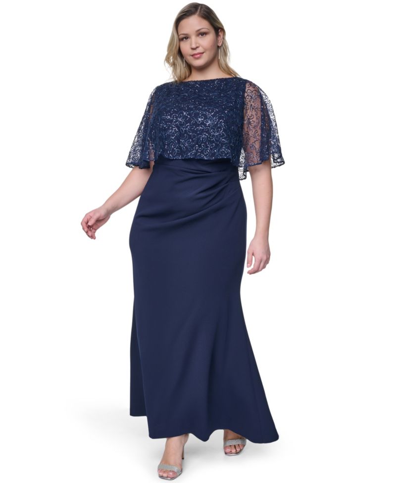 Plus Size Capelet Boat Neck Gown