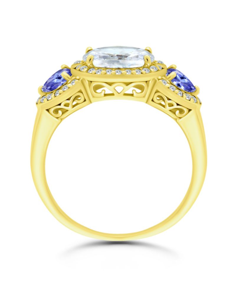 Cubic Zirconia Oval, Tanzanite Accents 3 Stone Ring